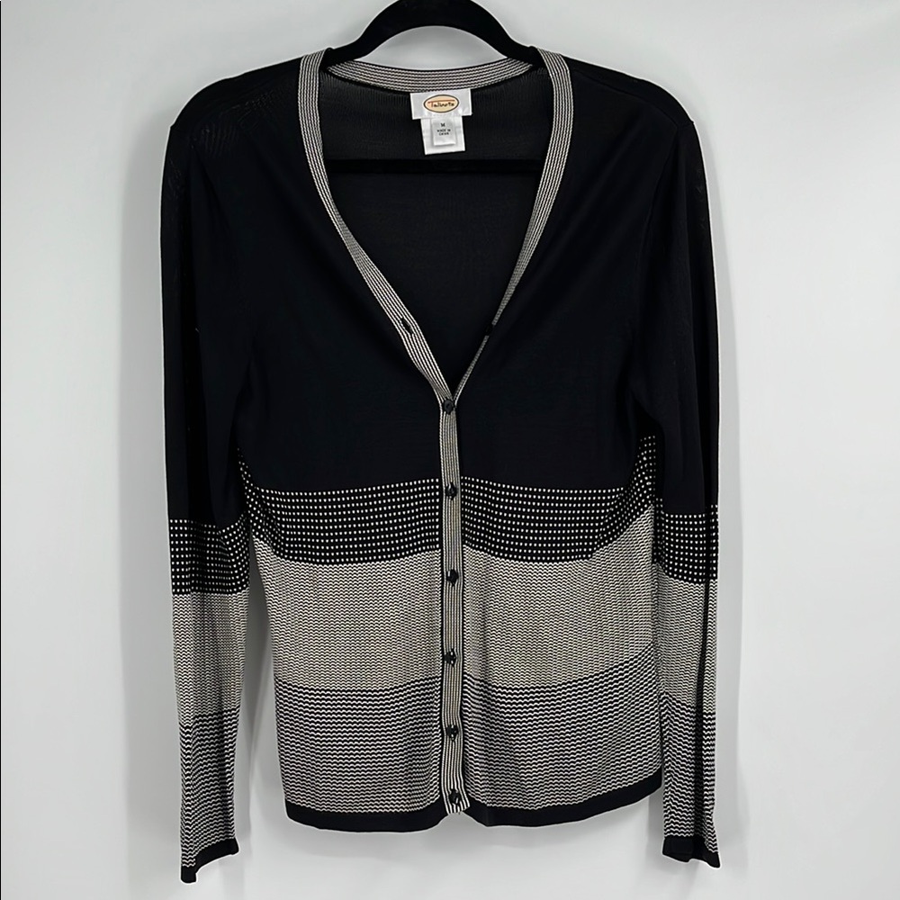 Vintage Talbots Black and White 100% Silk Button-Up Cardigan Size Medium